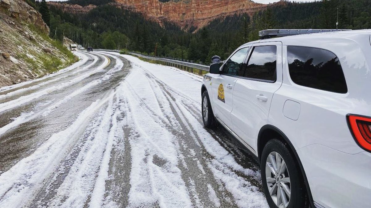 Members of the Utah Highway Patrol shared this photo of snow in the summer, taken August 12, 2023.