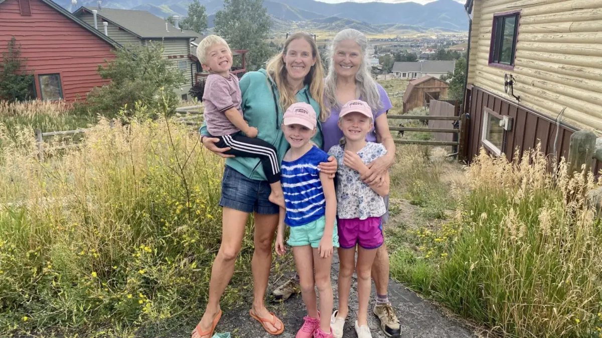 Grandma Susan Barnes with Mom Katie, Sam, Evie, and Anna Johnson in Park City.