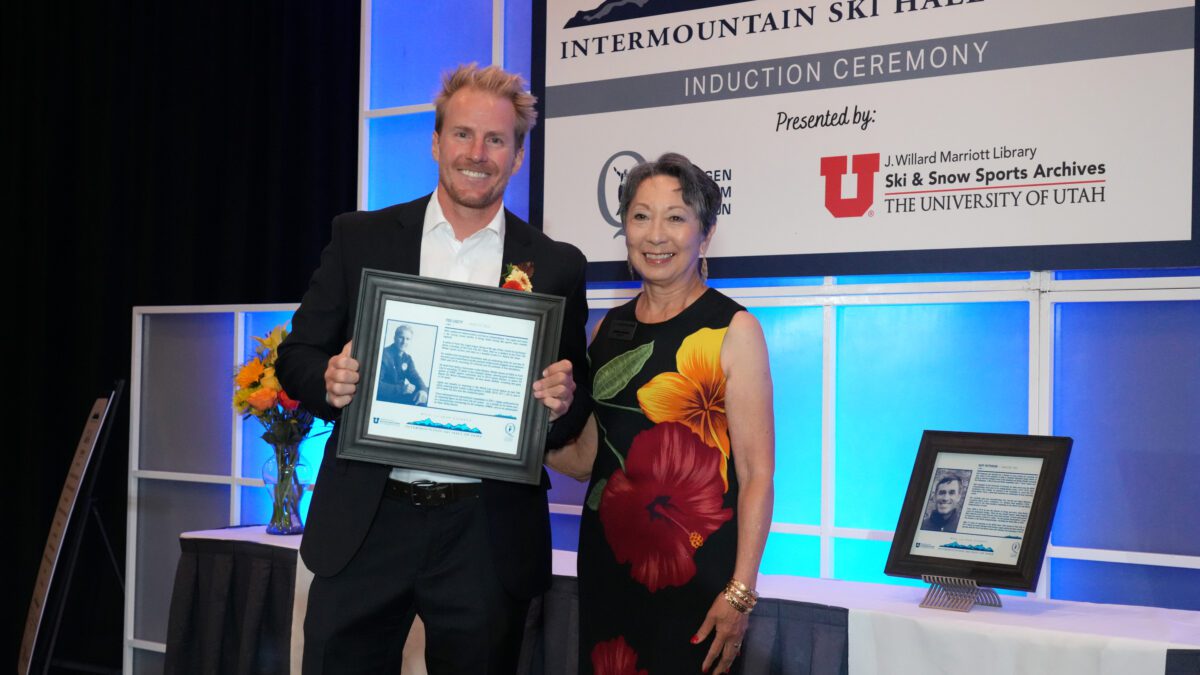 Ted Ligety with Barabara Yamada at the induction ceremony for the Intermountain Ski Hall of Fame.