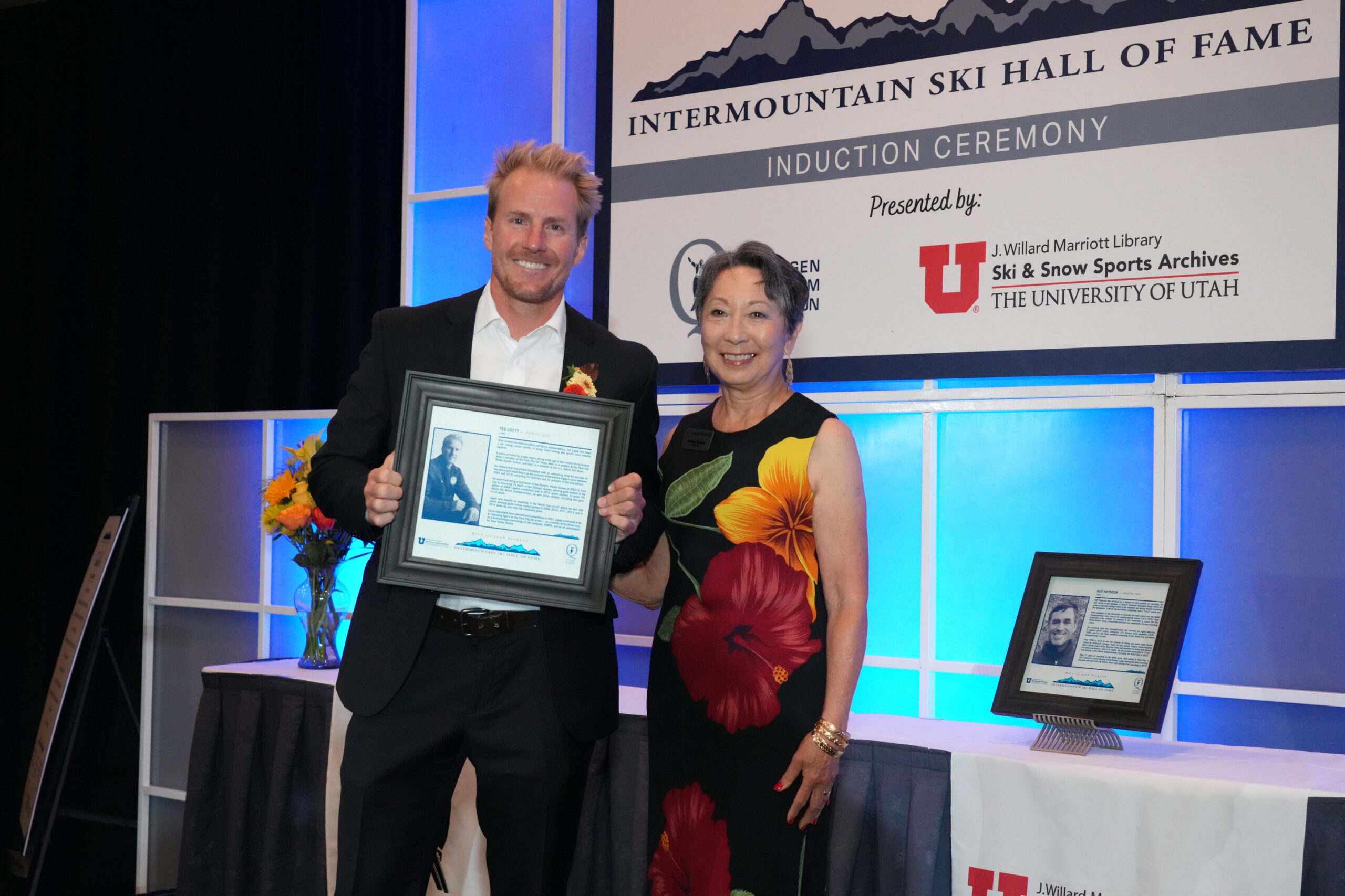 Ted Ligety with Barabara Yamada at the induction ceremony for the Intermountain Ski Hall of Fame.