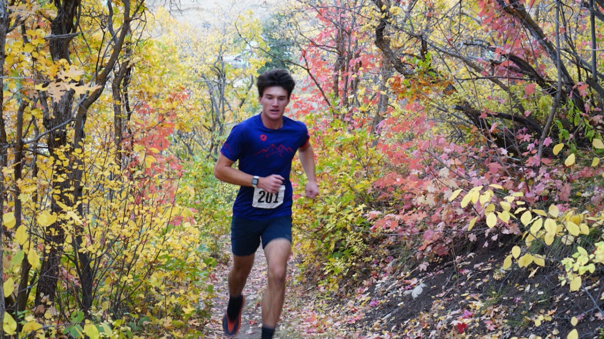 Runner participating in last years' Fall Trail Series at the Utah Olympic Park raising funds for the Park City Ski and Snowboard Team.