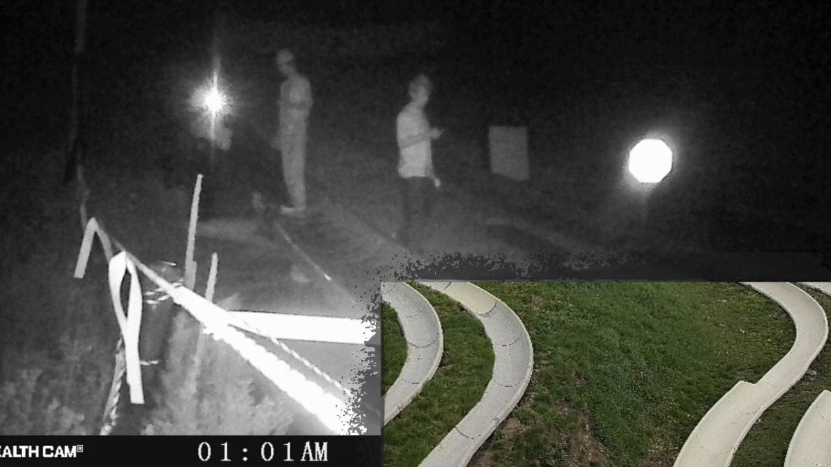 Two individuals suspected of vandalizing Park City Mountain's Alpine Slide. The inset shows the Alpine Slide during the day.