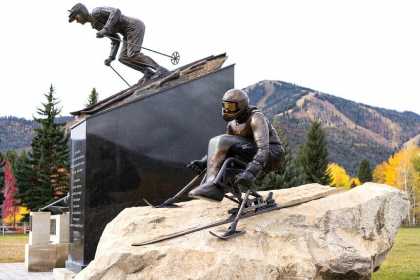 Statue of retired athlete from the National Ability Center Muffy Davis (foreground) in Sun Valley, Idaho.