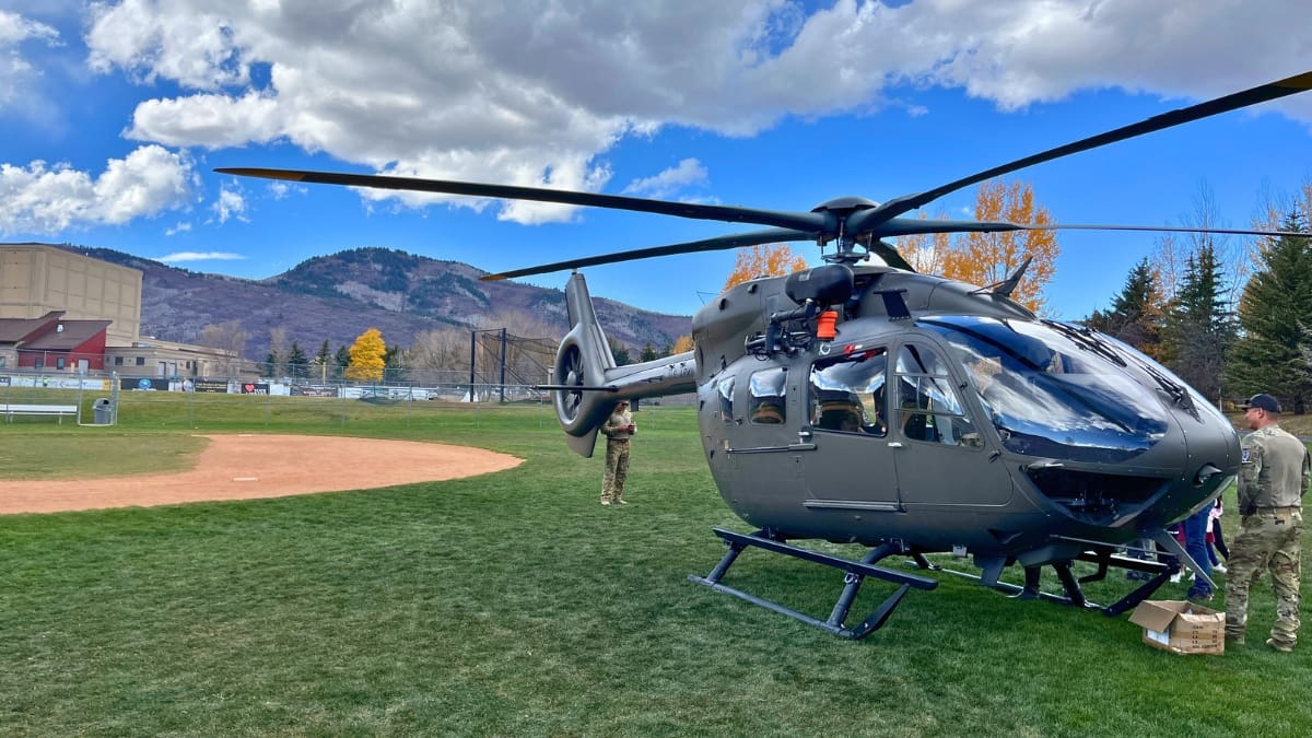 The National Guard's Lakota helicopter sits at the McPolin Elementary field for the kick off of Red Ribbon week put on by the Park City Police Department. Taken October 23, 2023.