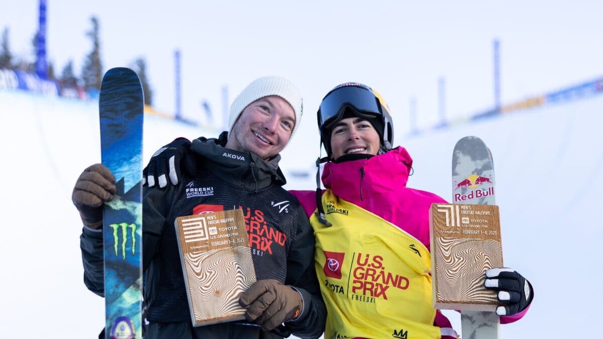 David Wise and Birk Irving of the United States pose for a photo after the Freeski Halfpipe Final at the Toyota U.S. Grand Prix at Mammoth on February 03, 2023 in Mammoth, CA.