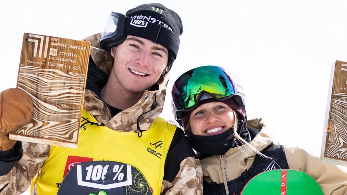 Dusty Henricksen and Julia Marino of the United States pose for a photo after winning the Snowboard Slopestyle Final at the Toyota U.S. Grand Prix at Mammoth on Feb. 4, in Mammoth, California.