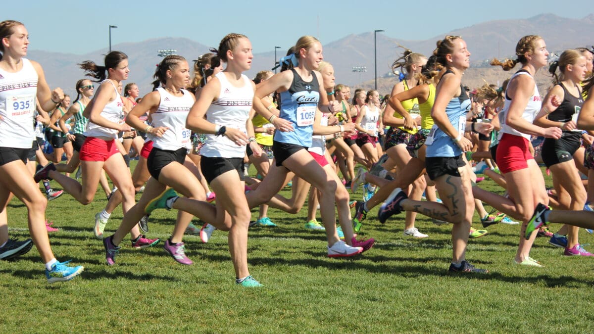Park City High School girls 4A cross country runners getting a team top ten at the Utah State Championships.
