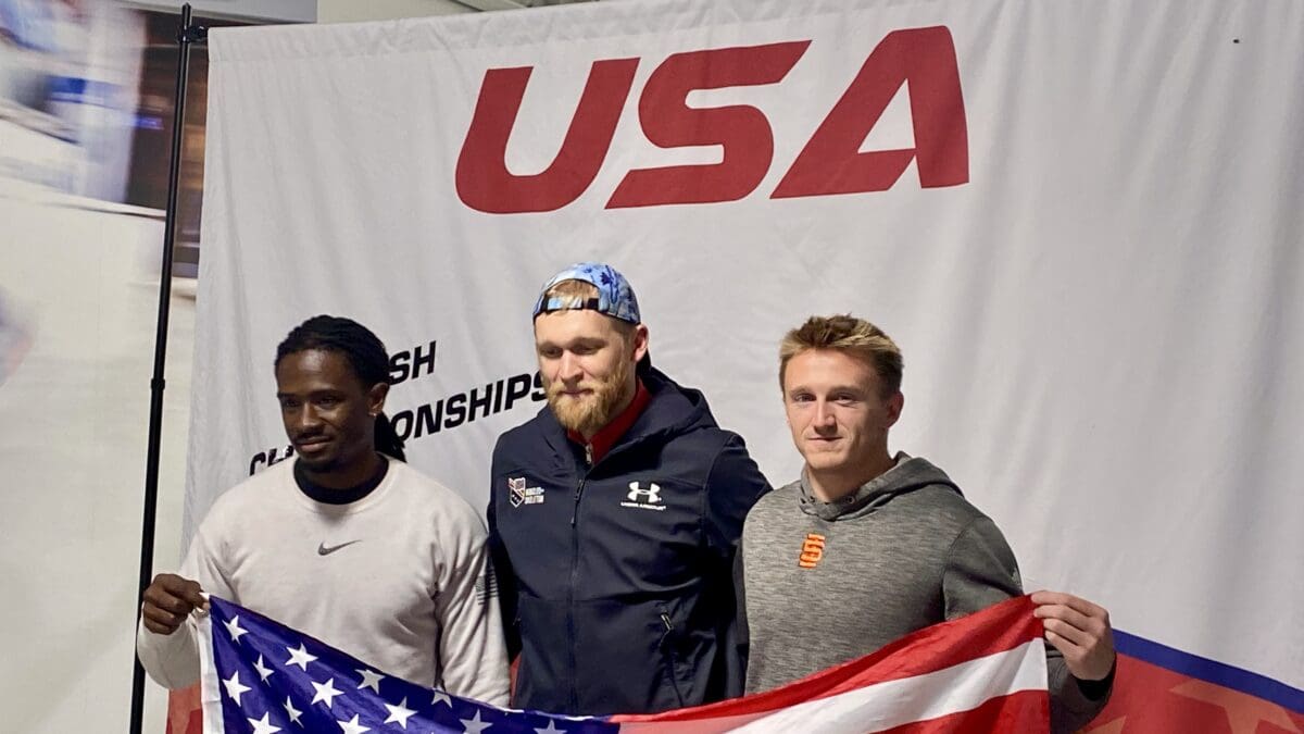 UOP's Andrew Whittier (far right) on the podium in Lake Placid, N.Y. after tying for 2nd place in the Indoor National Push Championships.
