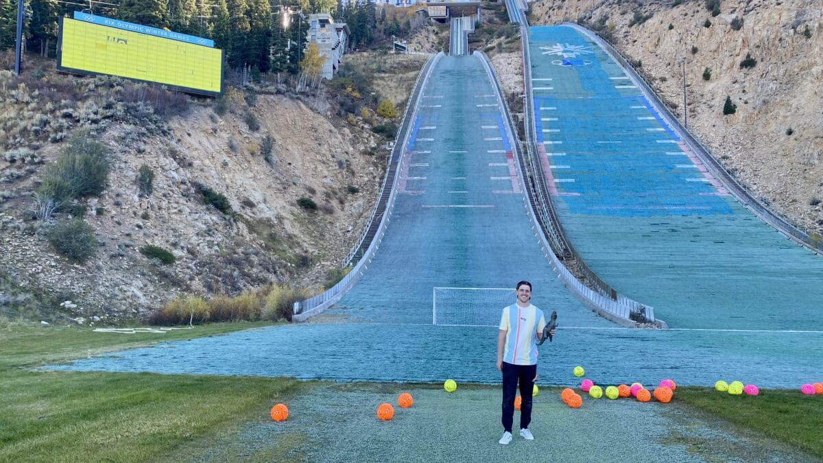 Scott Gaundon (holding Rexy) of YouTube's How Ridiculous at the Utah Olympic Park doing some nonOlympic stunts.