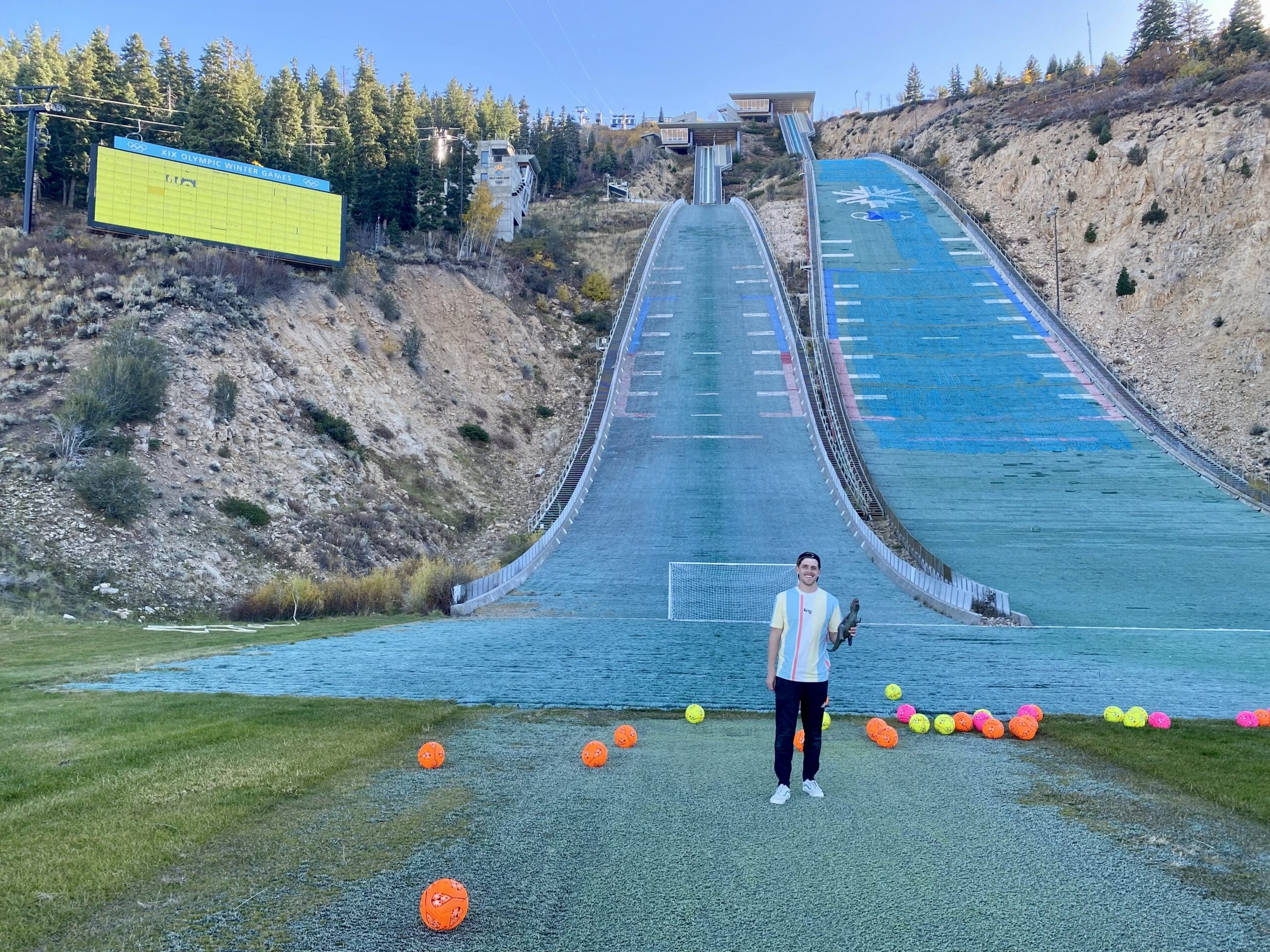 Scott Gaundon (holding Rexy) of YouTube's How Ridiculous at the Utah Olympic Park doing some nonOlympic stunts.