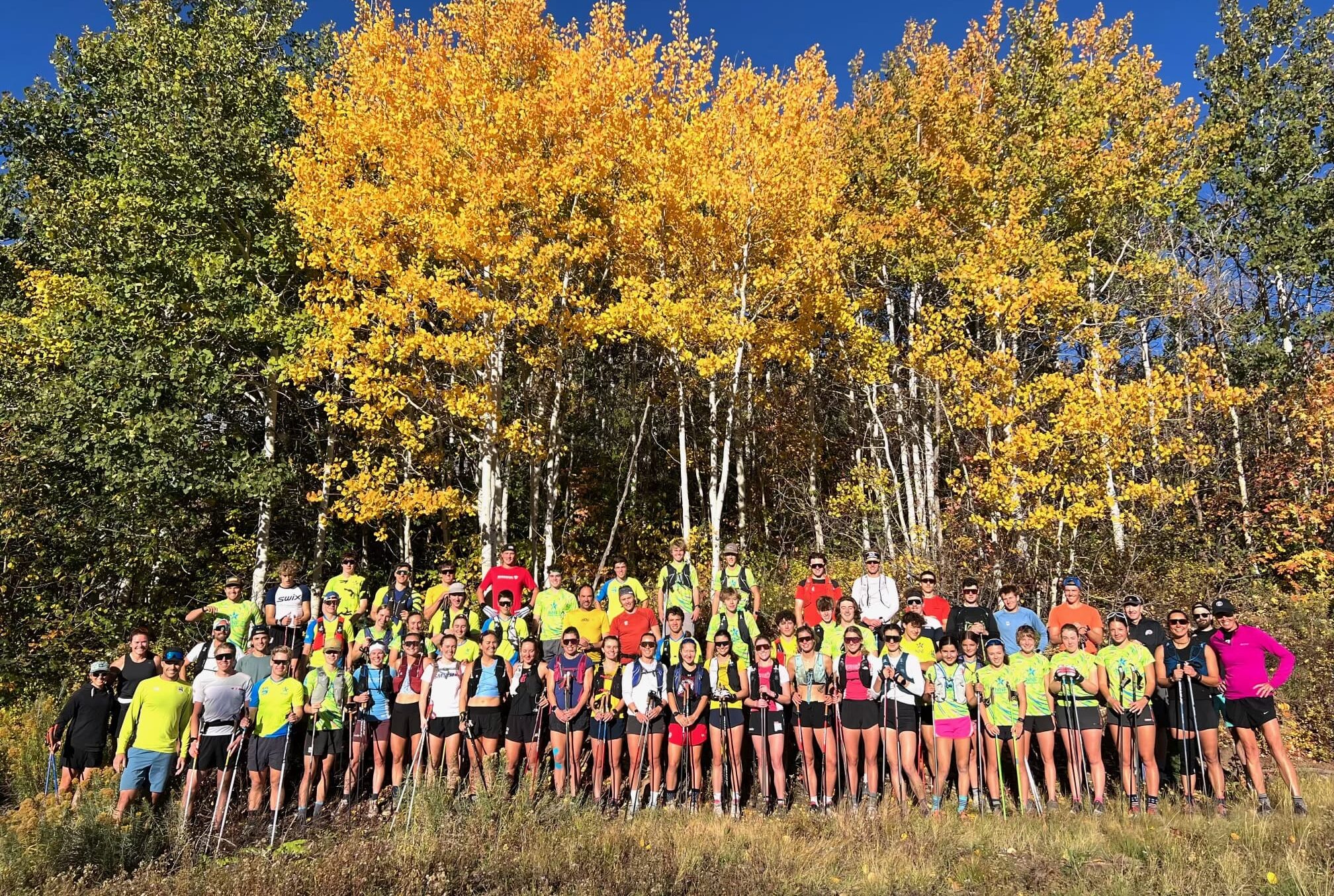 The 75 cross country ski athletes who participated in dry-land bounding training alongside one of their role models, Olympian Jesse Diggins in Park City. PCSS comp Team athlete Lucas Fasio among them.