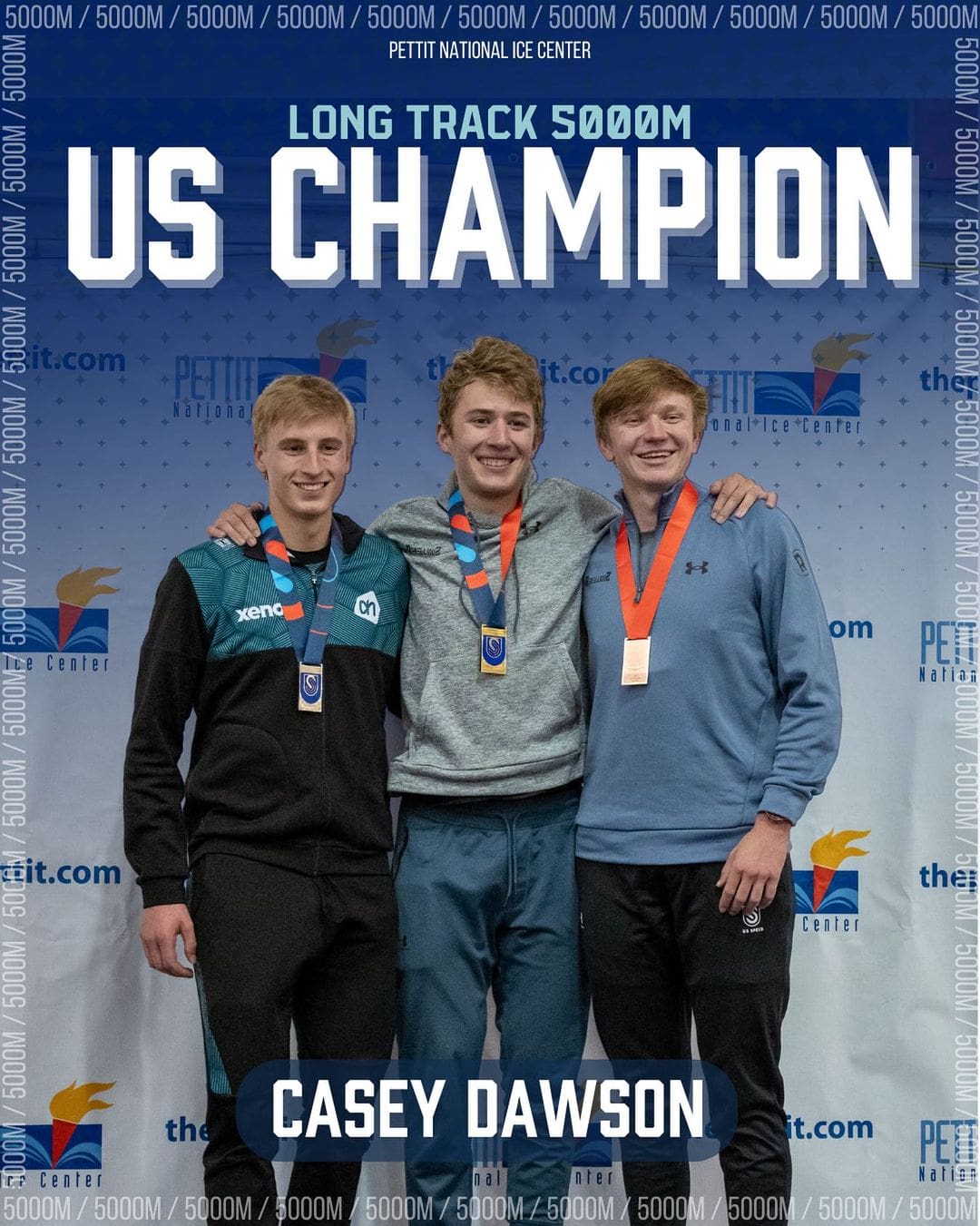 Park City's Casey Dawson topping the podium in Wisconsin at Saturday's long track speedskating nationals. 2nd place went to Jordan Stolz and 3rd to Ethan Cuperan.