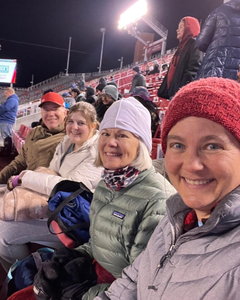 Miners Mom and PCSD staff Megan Luckan (pictured on the right) with friends, family and fans supporting Park City High at the University of Utah.