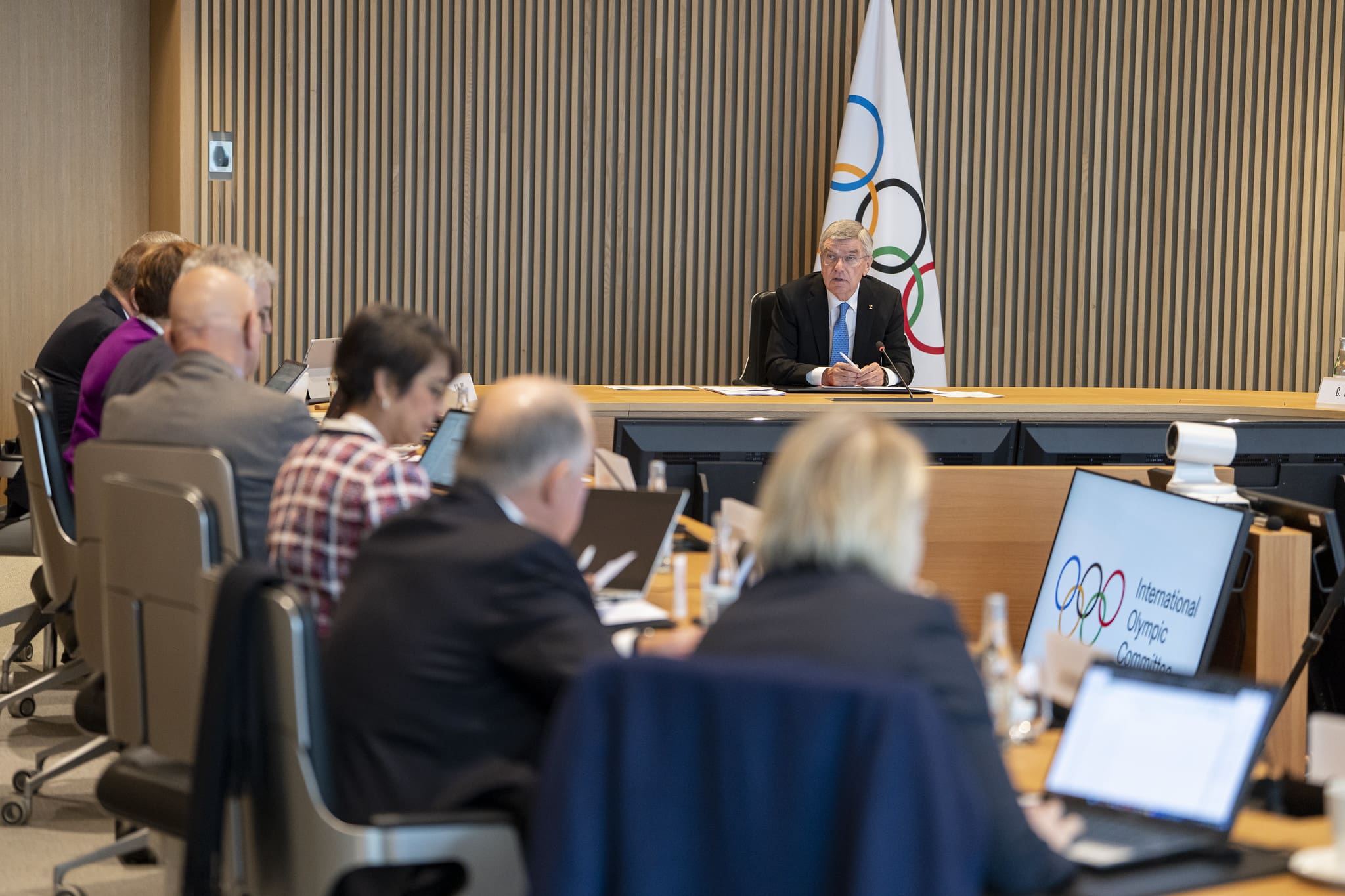 IOC President Thomas Bach holds the second day of the executive board meeting at Olympic House in Lausanne