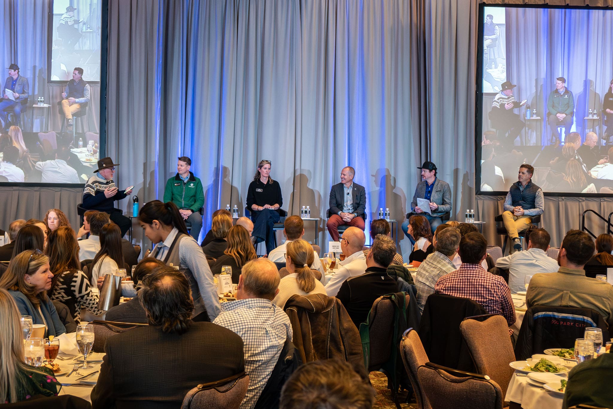 Fall Forum panel discussion. (L-R) Tom Kelly, Moderator, Todd Bennett, President and COO of Deer Valley, Deirdra Walsh, Vice President and COO of Park City Mountain, Nathan Rafferty, President and CEO of Ski Utah, Gareth Trayner, General Manager at Woodward Park City, Calum Clark, COO of Utah Olympic Legacy Foundation.