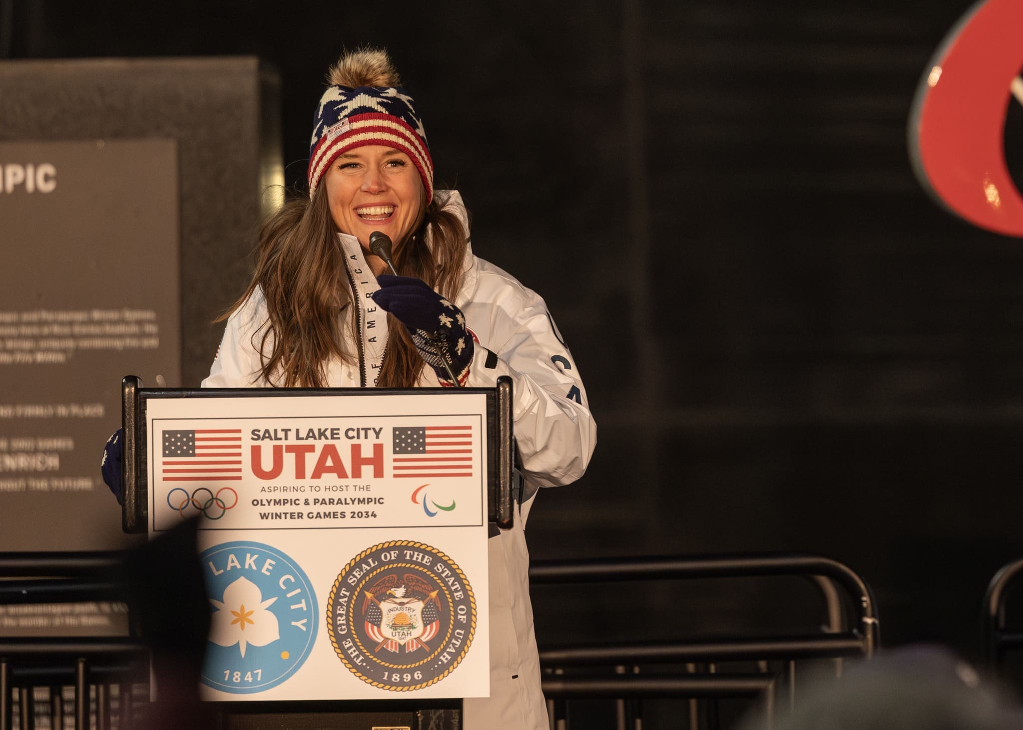 Salt Lake City Mayor Erin Mendenhall speaks at the Olympic Plaza on Dec. 1, 2023. Photo: Tanzi Propst // Park City Municipal Corporation