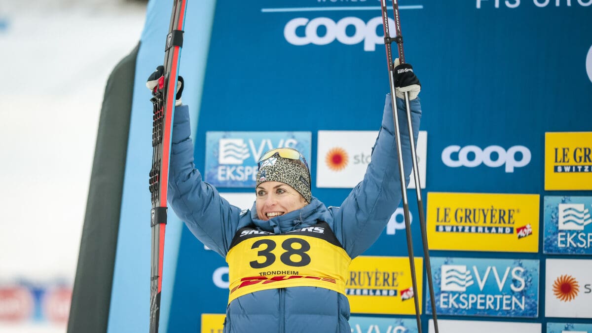 Park City's Rosie Brennan in 2nd place on the podium at the FIS world cup cross-country ski race, 10km, in Trondheim, Norway.
