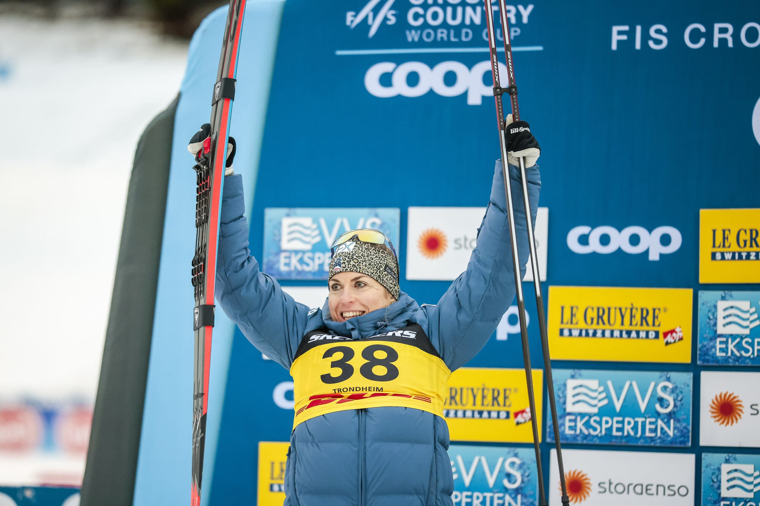 Park City's Rosie Brennan in 2nd place on the podium at the FIS world cup cross-country ski race, 10km, in Trondheim, Norway.