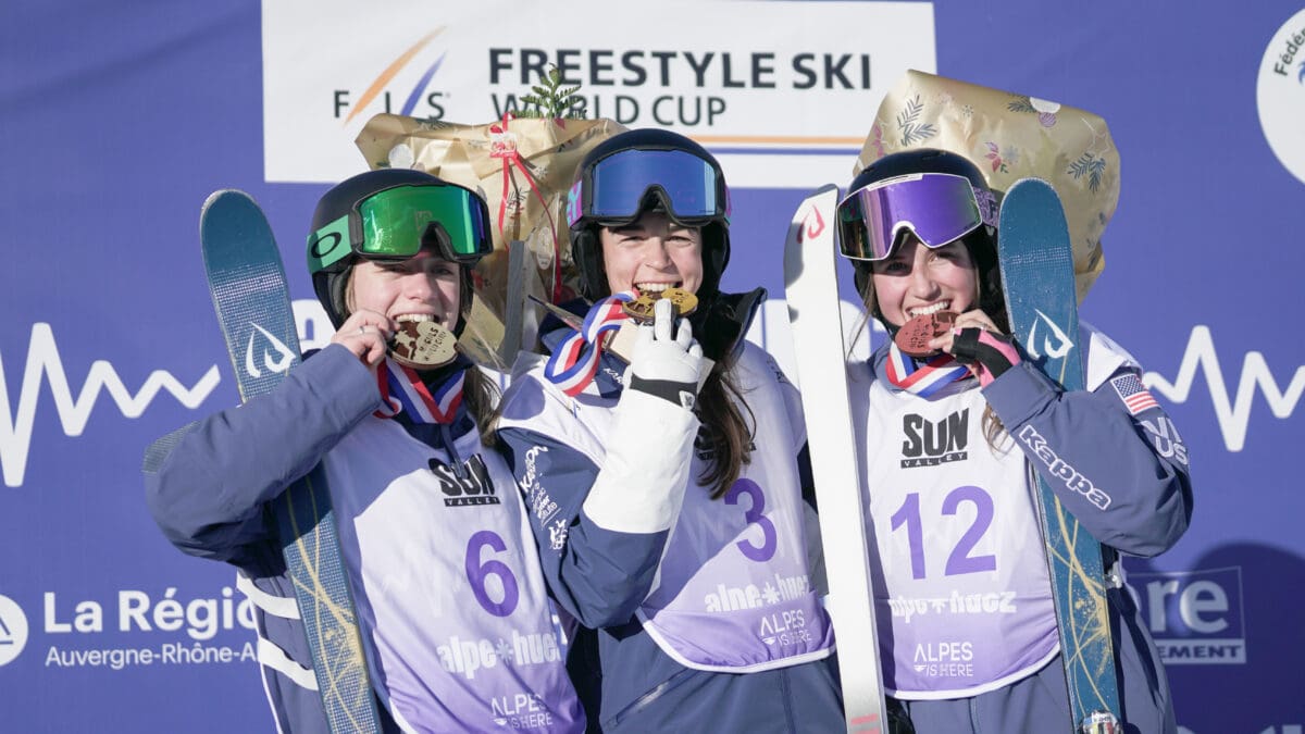 USA's Olivia Giaccio and Park City's Alli Macuga on the podium in 2nd and 3rd following the dual moguls event in Alpe d'Huez.