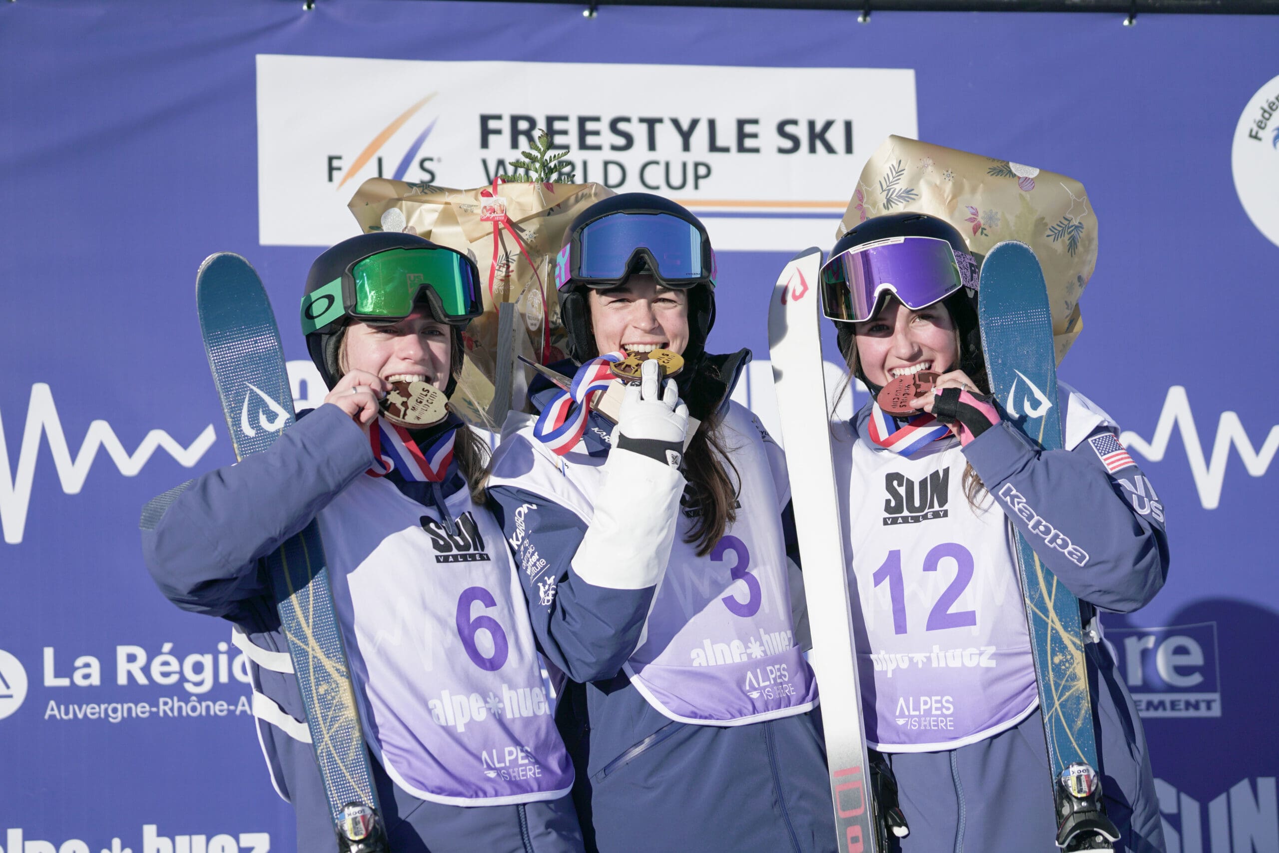 USA's Olivia Giaccio and Park City's Alli Macuga on the podium in 2nd and 3rd following the dual moguls event in Alpe d'Huez.