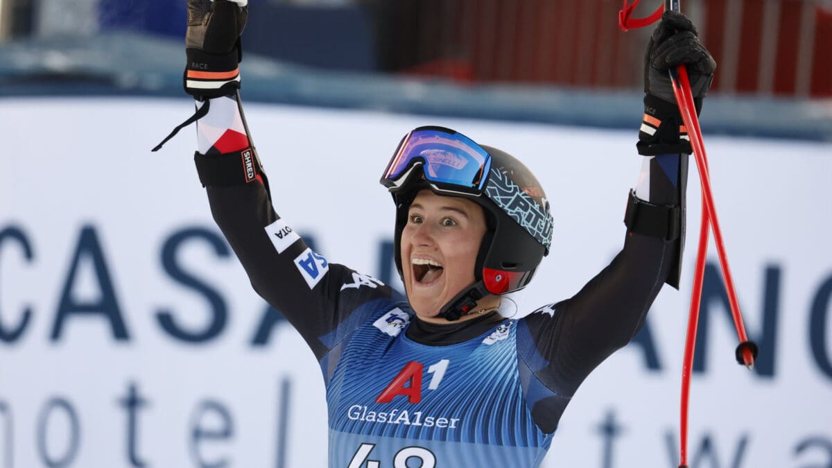Park City's Lauren Macuga celebrates during the Audi FIS Alpine Ski World Cup Women's Super G on January 14, 2024 in Zauchensee Austria.
