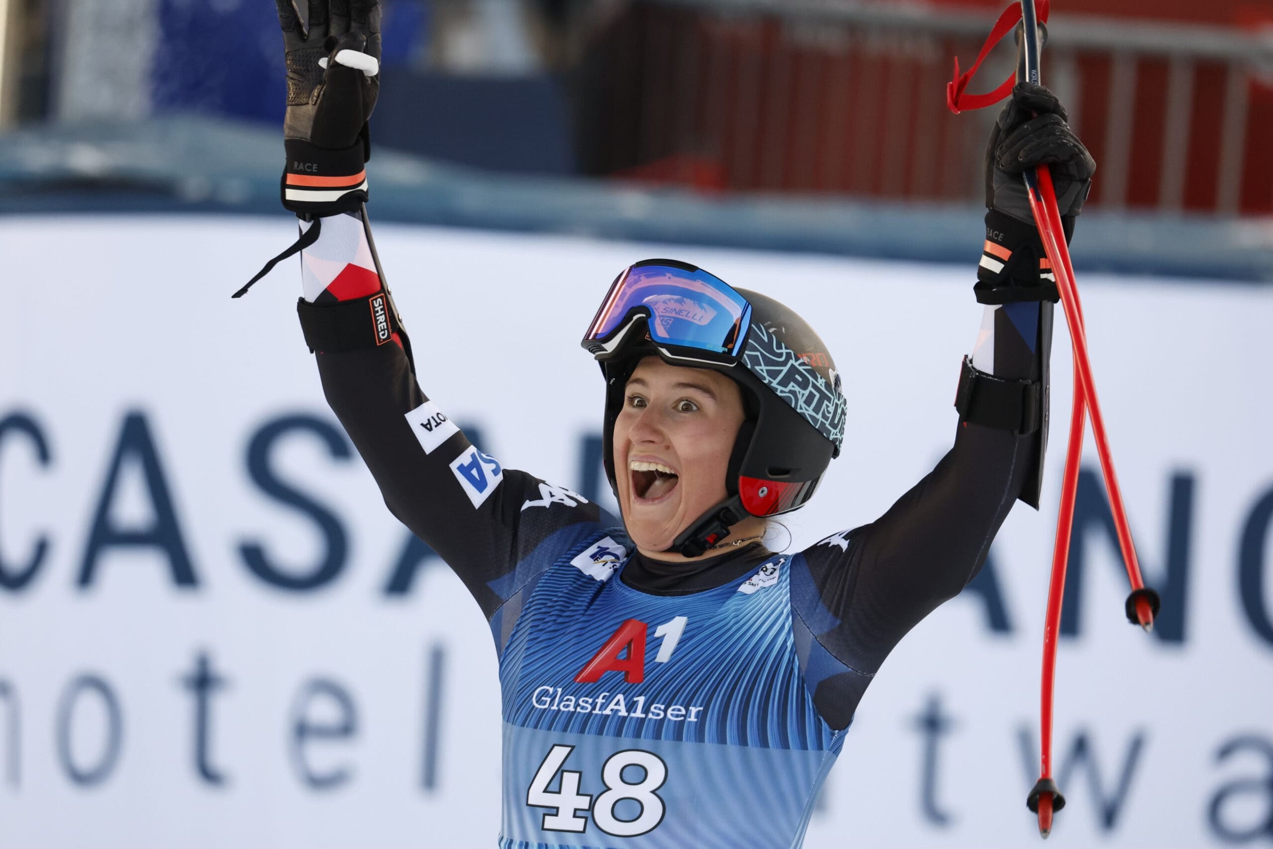 Park City's Lauren Macuga celebrates during the Audi FIS Alpine Ski World Cup Women's Super G on January 14, 2024 in Zauchensee Austria.