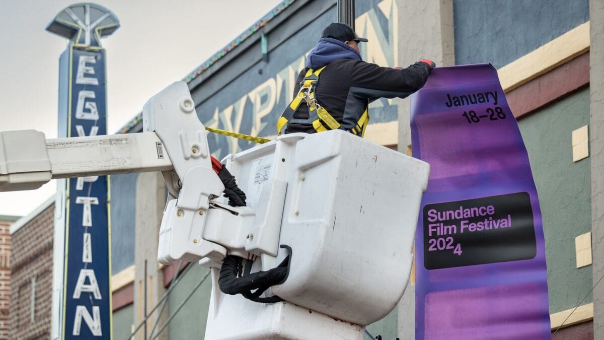 Banners for the 2024 Sundance Film Festival go up on Main Street, Jan. 3, 2024.
