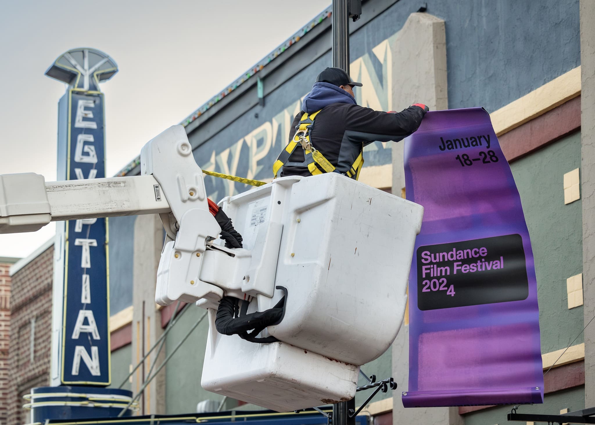 Banners for the 2024 Sundance Film Festival go up on Main Street, Jan. 3, 2024.