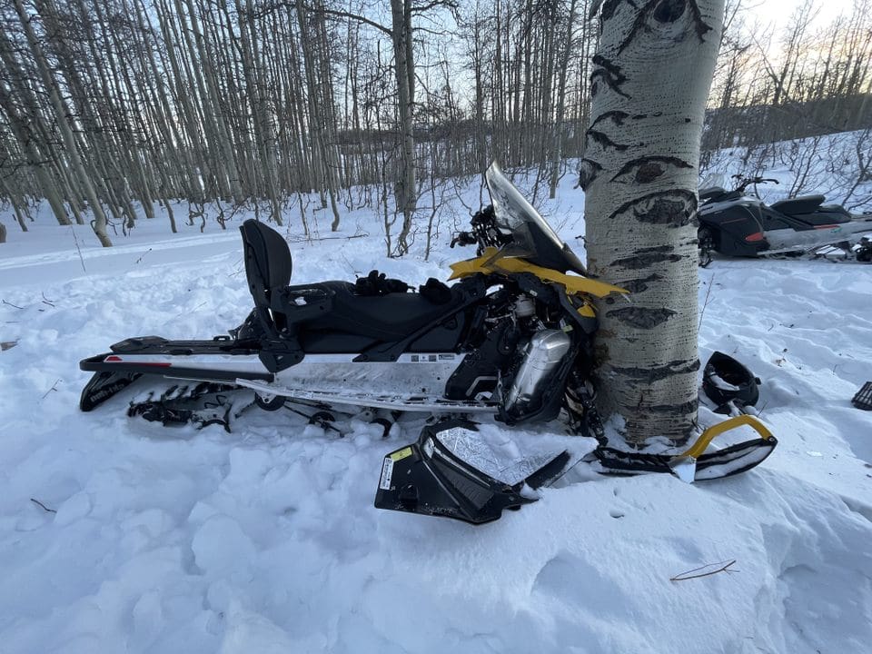 Snowmobile vs. Tree accident in Lake Creek east of Heber City.