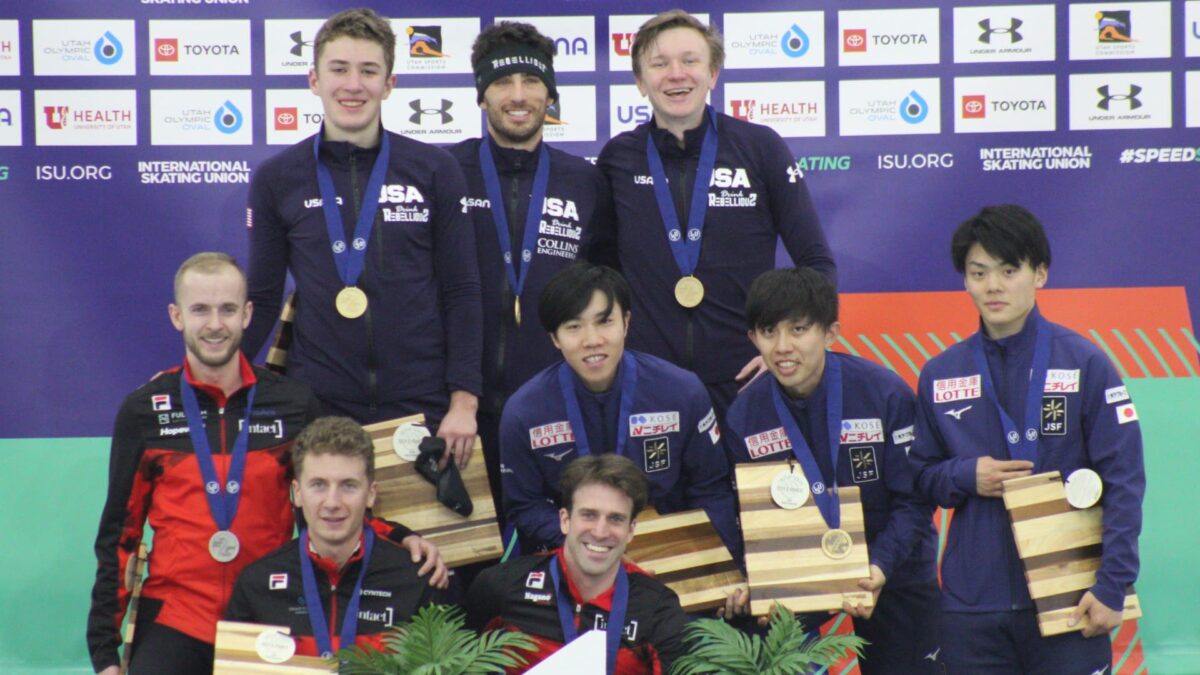 Casey Dawson (top left) with his USA teammates after breaking a Team Pursuit World Cup Record at the Utah Olympic Oval.