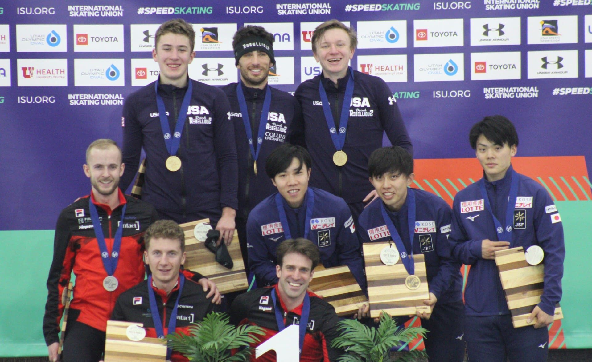 Casey Dawson (top left) with his USA teammates after breaking a Team Pursuit World Cup Record at the Utah Olympic Oval.