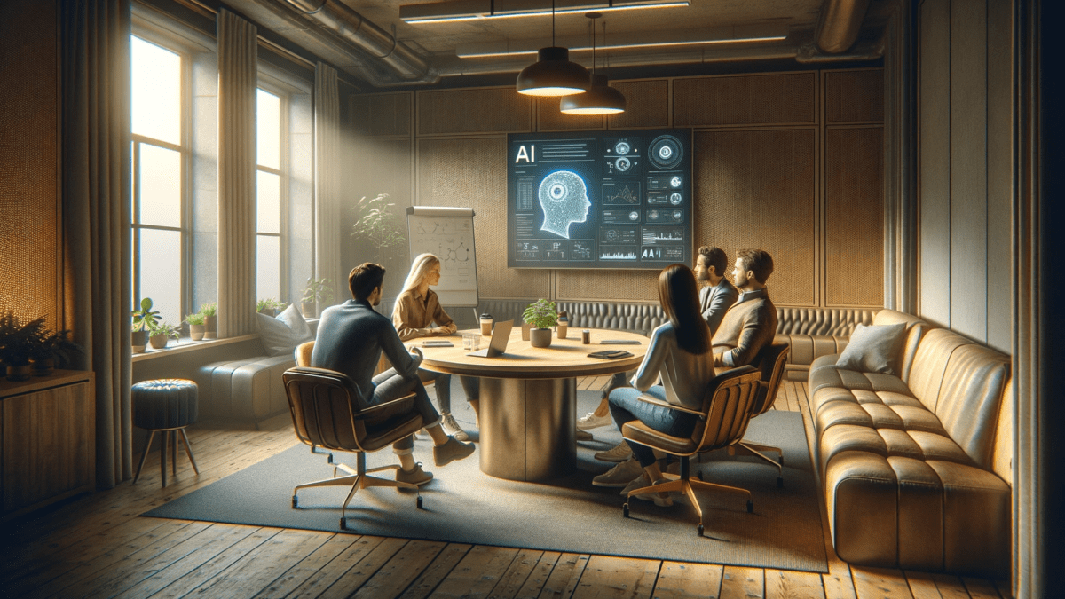'Create a photo realistic image of people in a conference room learning about AI'