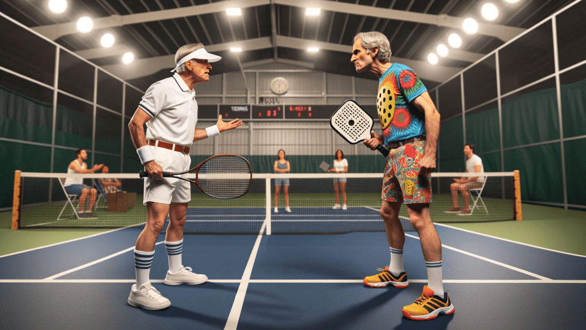 The growing popularity of pickleball means growing tensions between tennis and pickleball players for indoor court time. Image generated with AI.