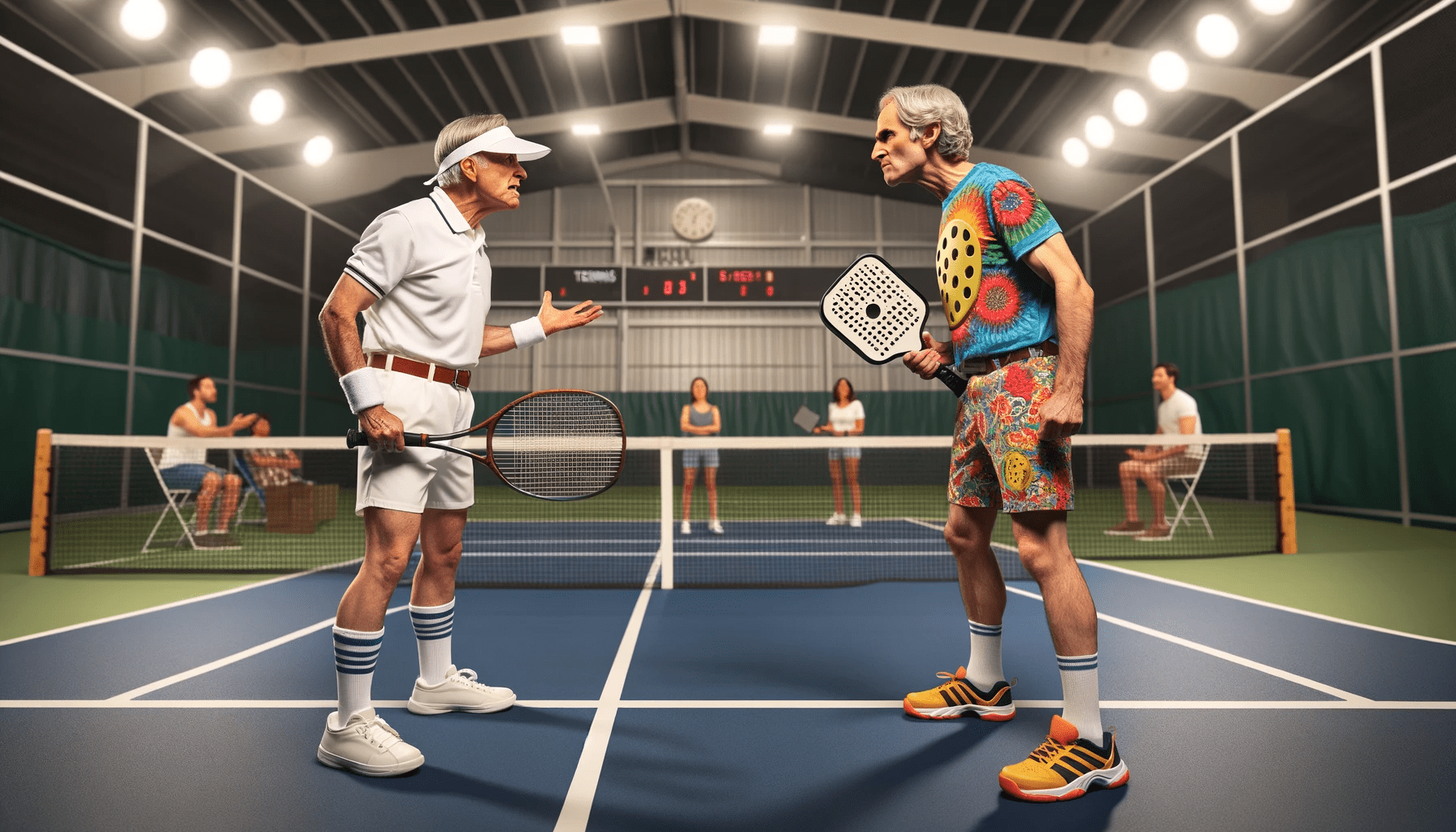 The growing popularity of pickleball means growing tensions between tennis and pickleball players for indoor court time. Image generated with AI.