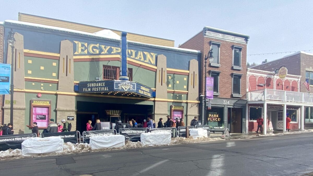 The Egyption Theater at the Sundance 2024 Film Festival, with Red Banjo Restaurant one spot up the street.