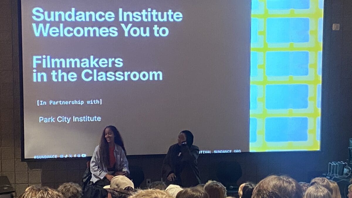 Malia Obama (L) sitting down with students at Park City High School on Monday to present her directorial debut short film "The Heart" as a part of the Sundance Film Festival's Filmmakers in the Classroom program.
