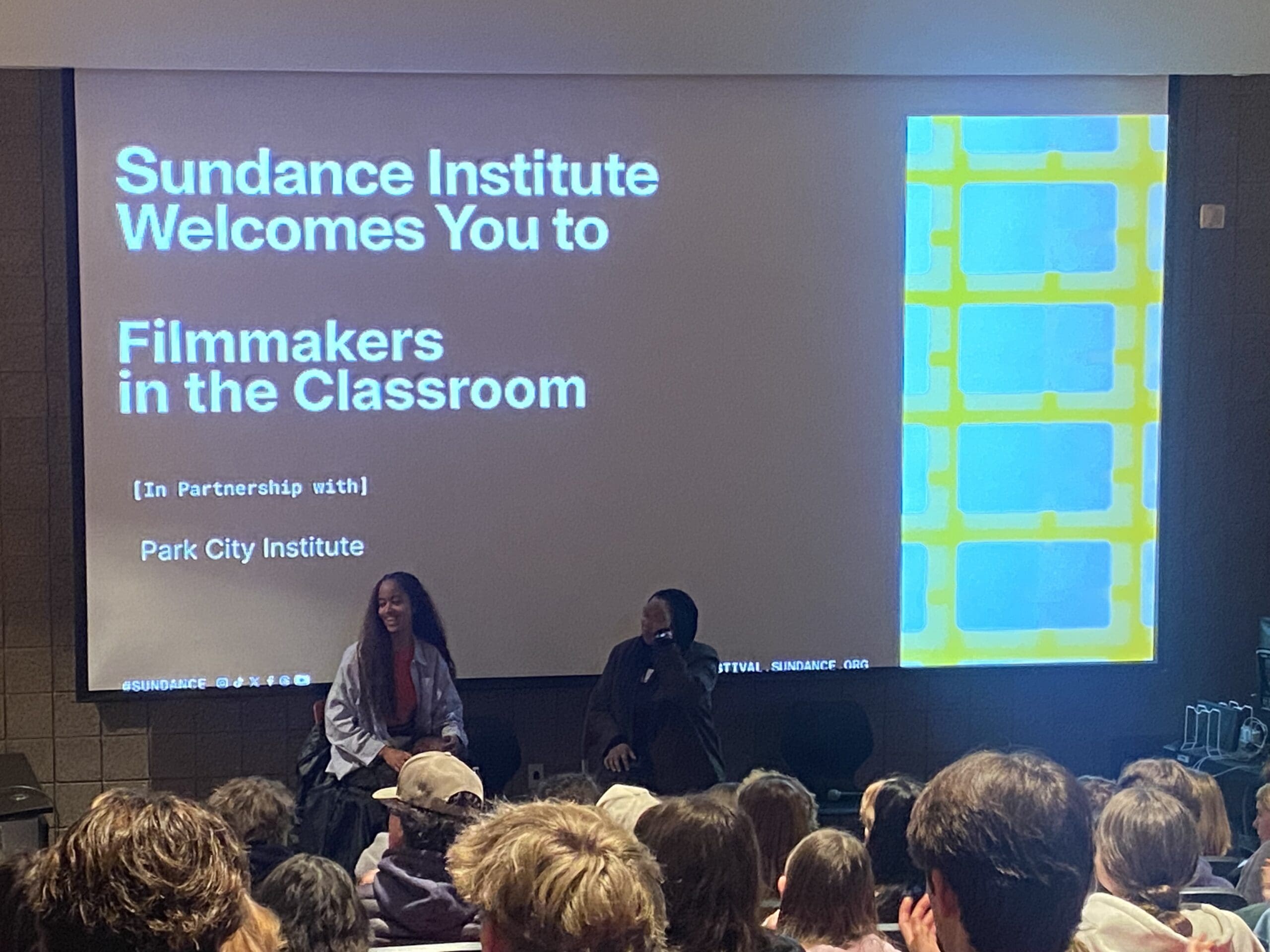 Malia Obama (L) sitting down with students at Park City High School on Monday to present her directorial debut short film "The Heart" as a part of the Sundance Film Festival's Filmmakers in the Classroom program.