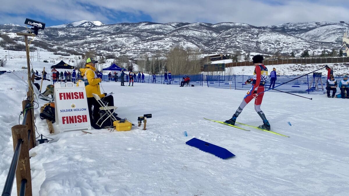 One of the older skiers from out of town crosses the finish line at Soldier Hollow's Super Q XC race this weekend.