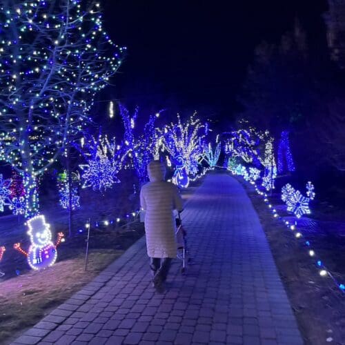 Twinkling trees and snowmen light up the walkway.