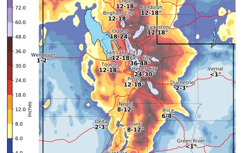 In Park City, the NWS is calling for 38-62" of snow with locally higher amounts through Sunday Jan. 15