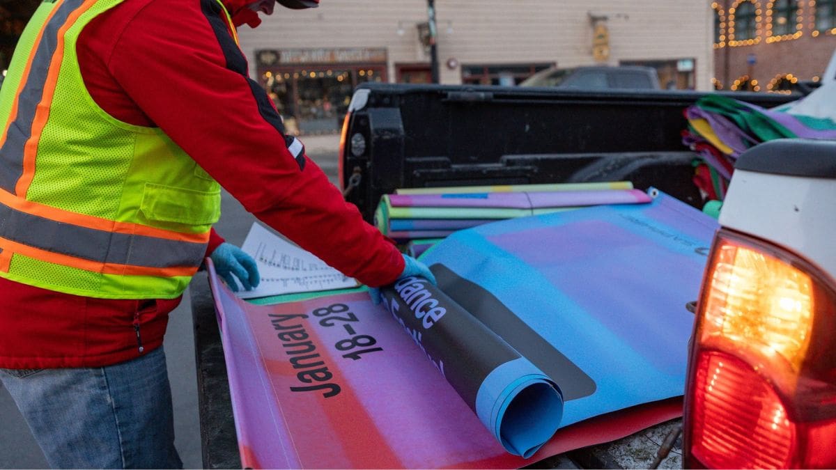 Banners for the 2024 Sundance Film Festival go up on Main Street in Park City, Jan. 3, 2024.