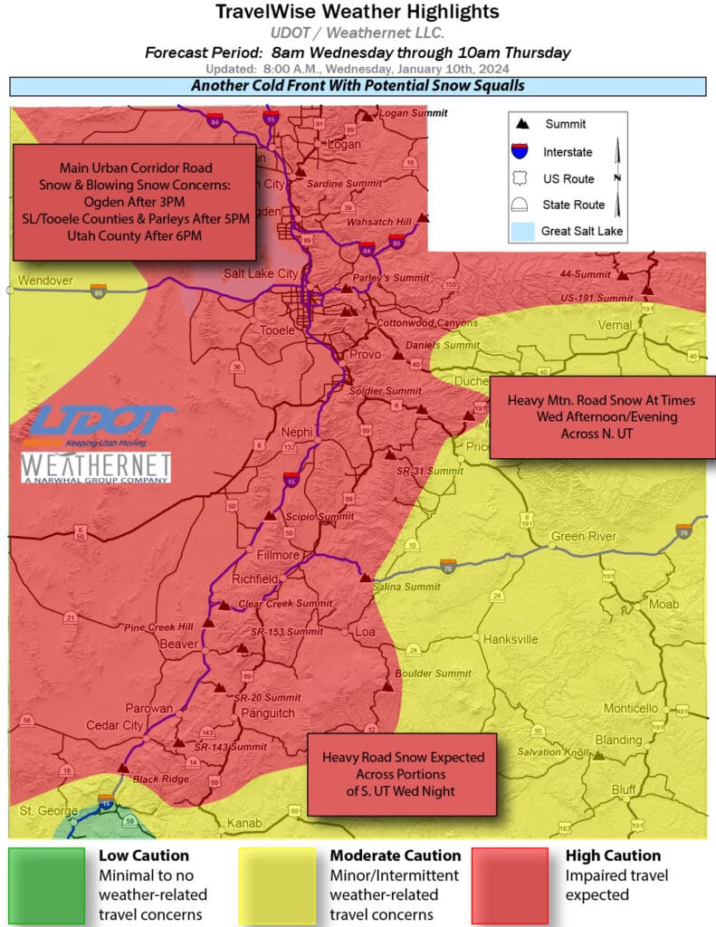 UDOT Traffic's weather map forecasting potential road hazards for Jan. 10-11 storm, including potential snow squalls after 5 p.m. for Parley's Canyon and Park City.