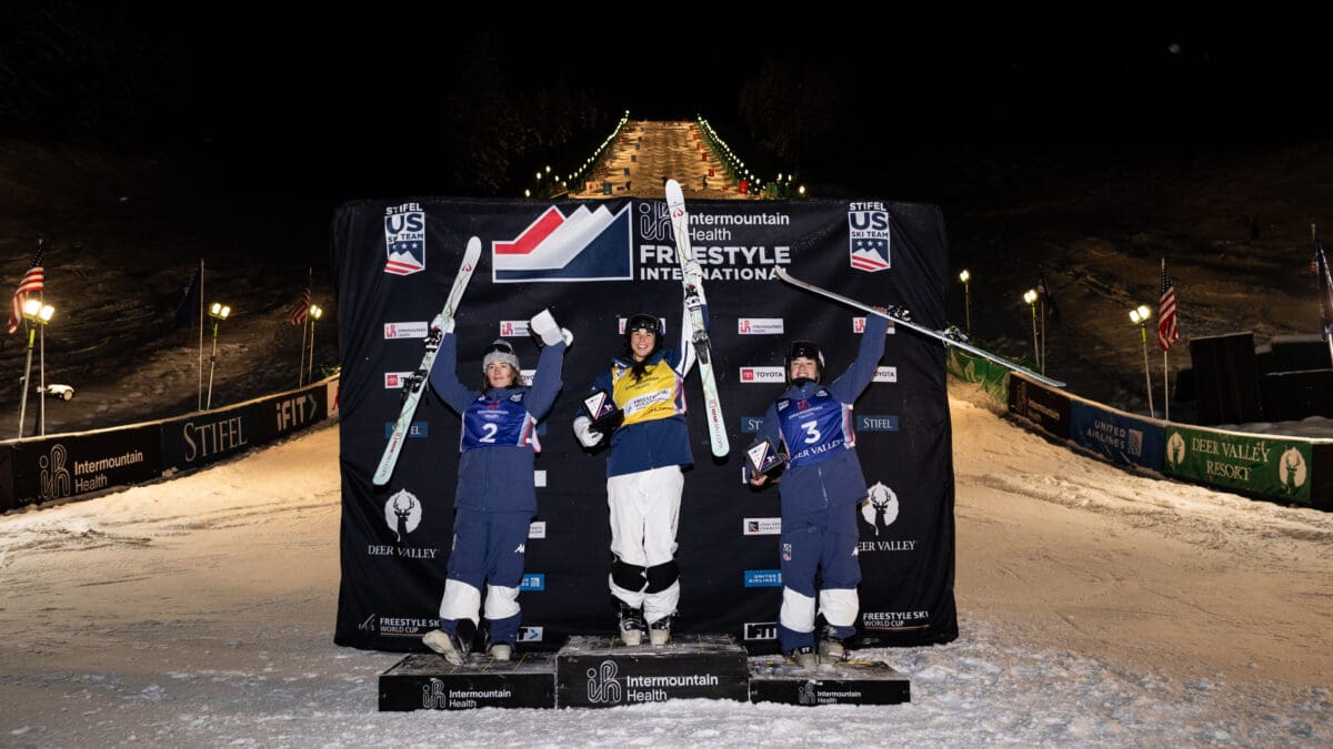 Jaelin Kauf, Jakara Anthony of Australia and Olivia Giaccio on the podium after the Intermountain Health Freestyle World Cup Dual Moguls at Deer Valley Resort on Feb. 3, 2024 in Park City, Utah.