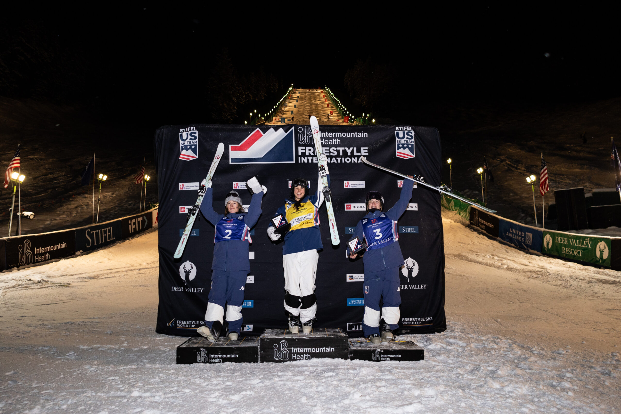 Jaelin Kauf, Jakara Anthony of Australia and Olivia Giaccio on the podium after the Intermountain Health Freestyle World Cup Dual Moguls at Deer Valley Resort on Feb. 3, 2024 in Park City, Utah.