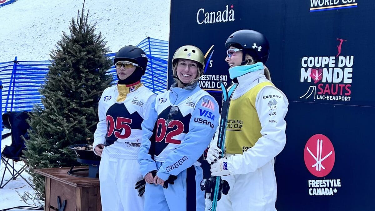 Winter Vinecki in the finish after winning the aerials World Cup in Lac-Beauport, Canada. (U.S. Ski & Snowboard).