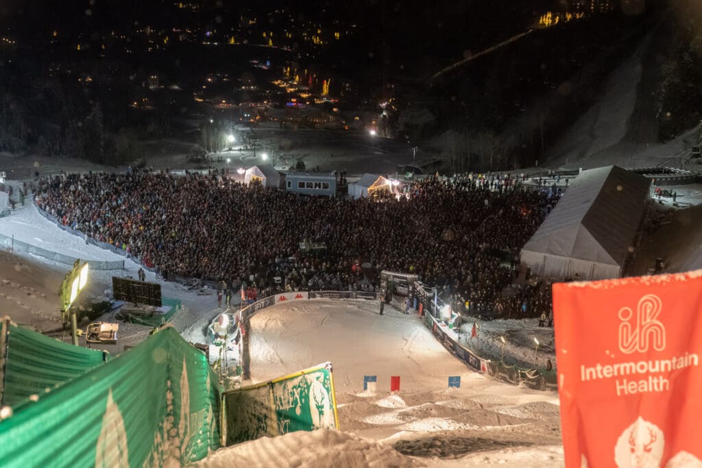 Packed house of spectators watch the Dual Mogul competition at Deer Valley Feb 3, 2024