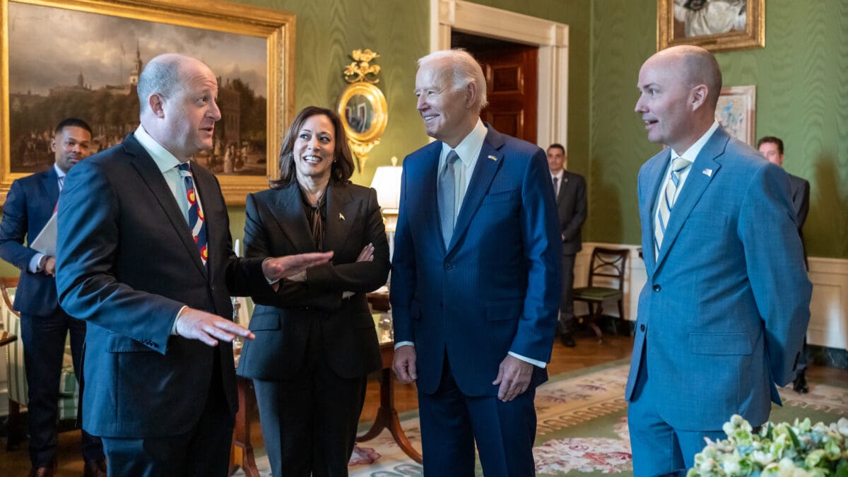 Utah Governor Spencer Cox and Colorado Governor Jared Polis with President Joe Biden and Vice President Kamala Harris.