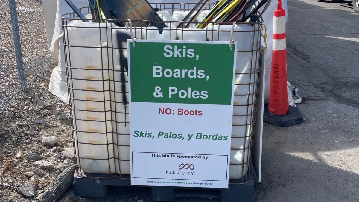 Bin of skis, boards and poles at Recycle Utah.