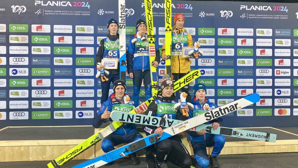 USA Nordic's Erik Belshaw (back left) Ski Jumps into a silver medal at the FIS Nordic Junior World Ski Championships in Planica, Slovenia.