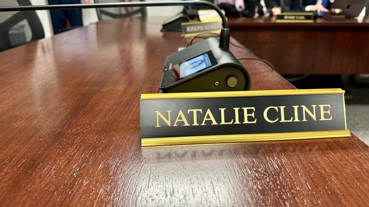The seat for Utah State Board of Education member Natalie Cline sits empty at a meeting where the board voted to censure her and call for her resignation on Wednesday, Feb. 14, 2024.